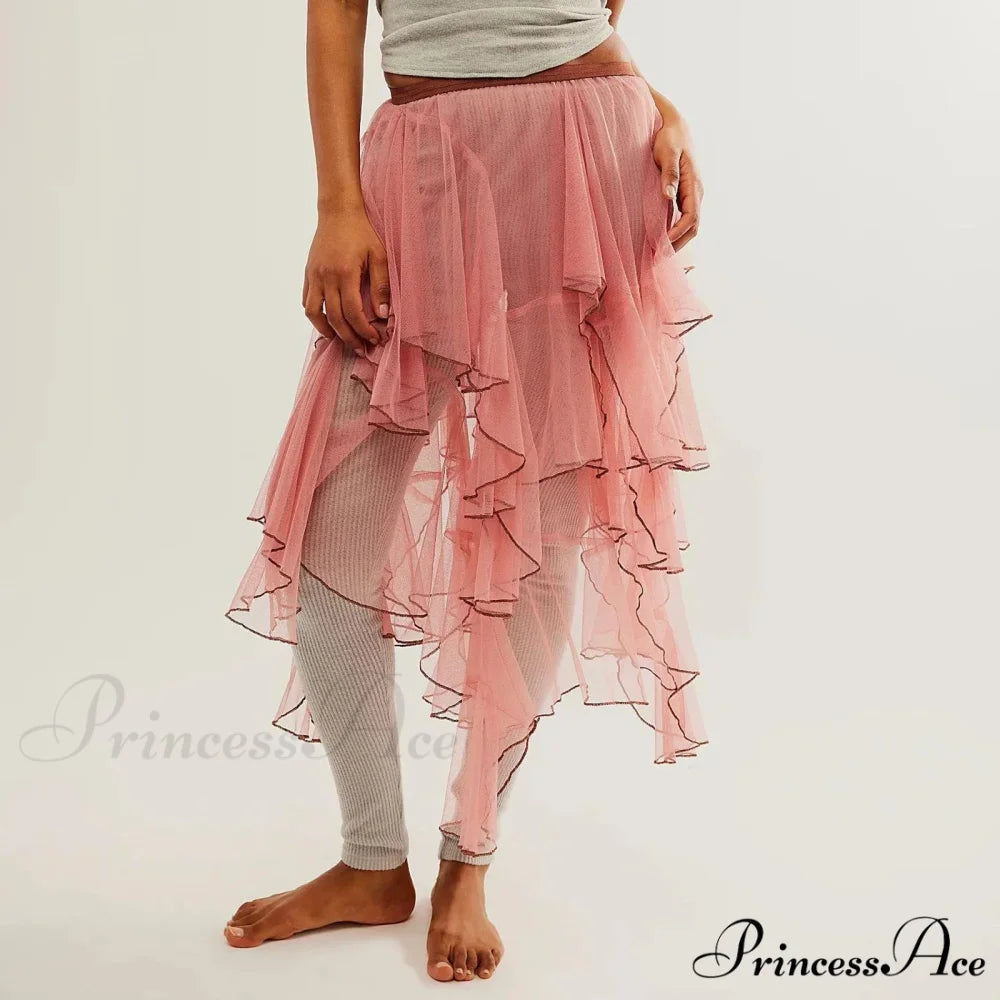 Layered Ruffled Mesh Sheer High Waist Lace Midi Skirt Pink / S