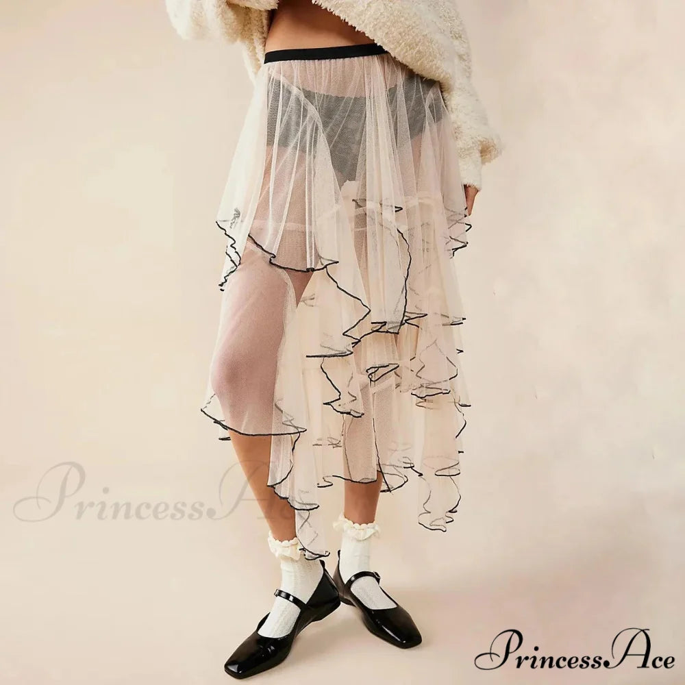 Layered Ruffled Mesh Sheer High Waist Lace Midi Skirt WHITE / S
