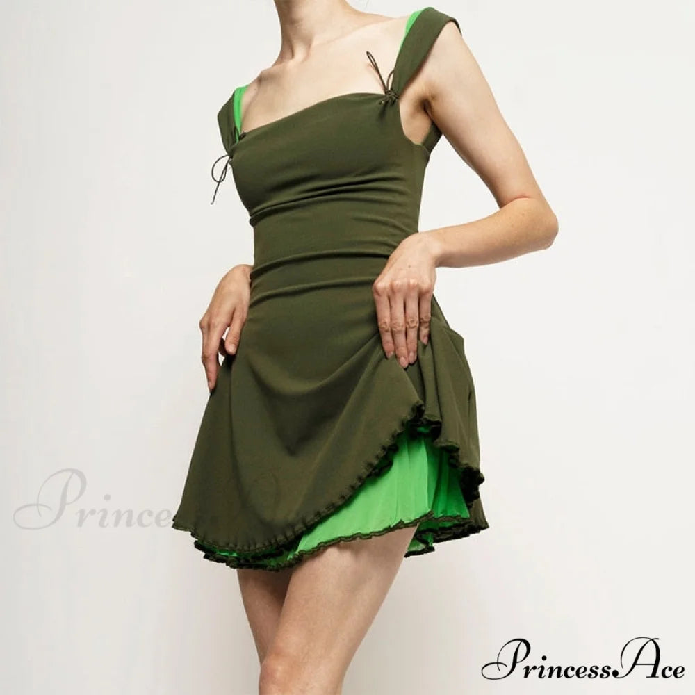 Layered Two Tone Strap Graceful Tie Up Mini Dress Green / S
