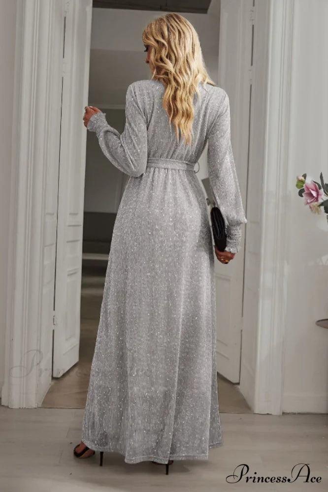 Leandra Front Split Charming Shimmer Maxi Dress