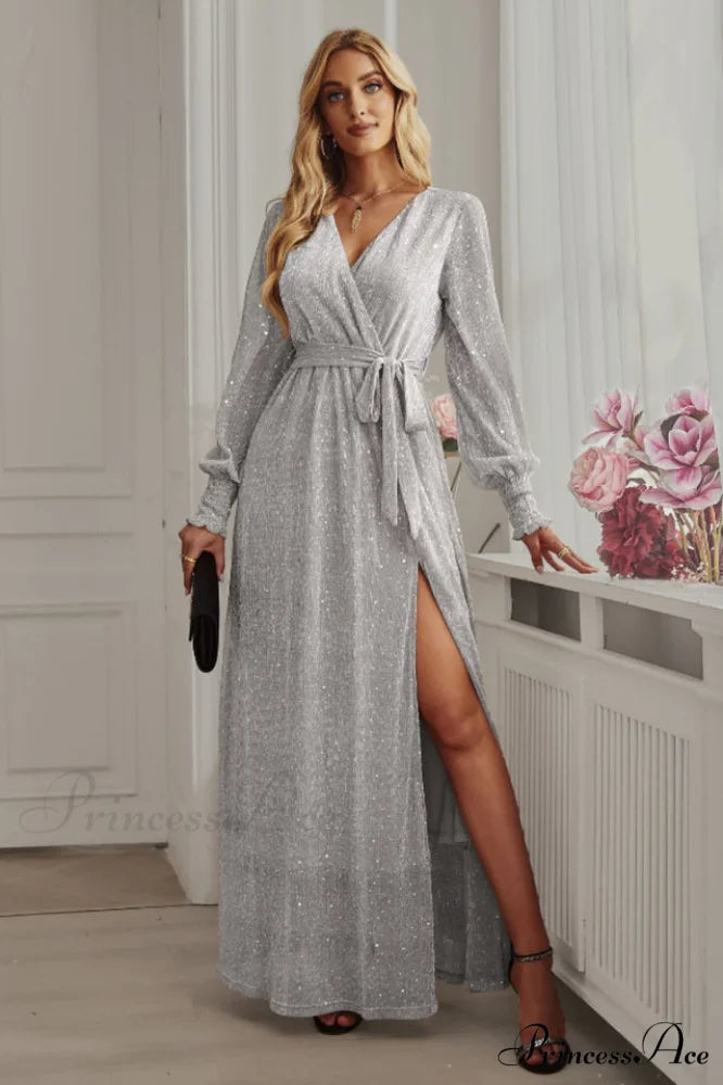Leandra Front Split Charming Shimmer Maxi Dress S / Silver