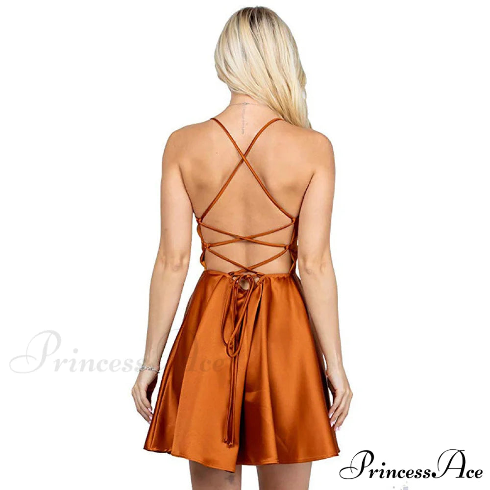 Leandra Satin Stylish Skater Dress Coral color / S