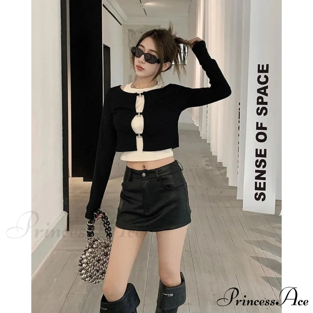 Leather Coquette Slim High Waisted A-line Casual Skirt Black / S