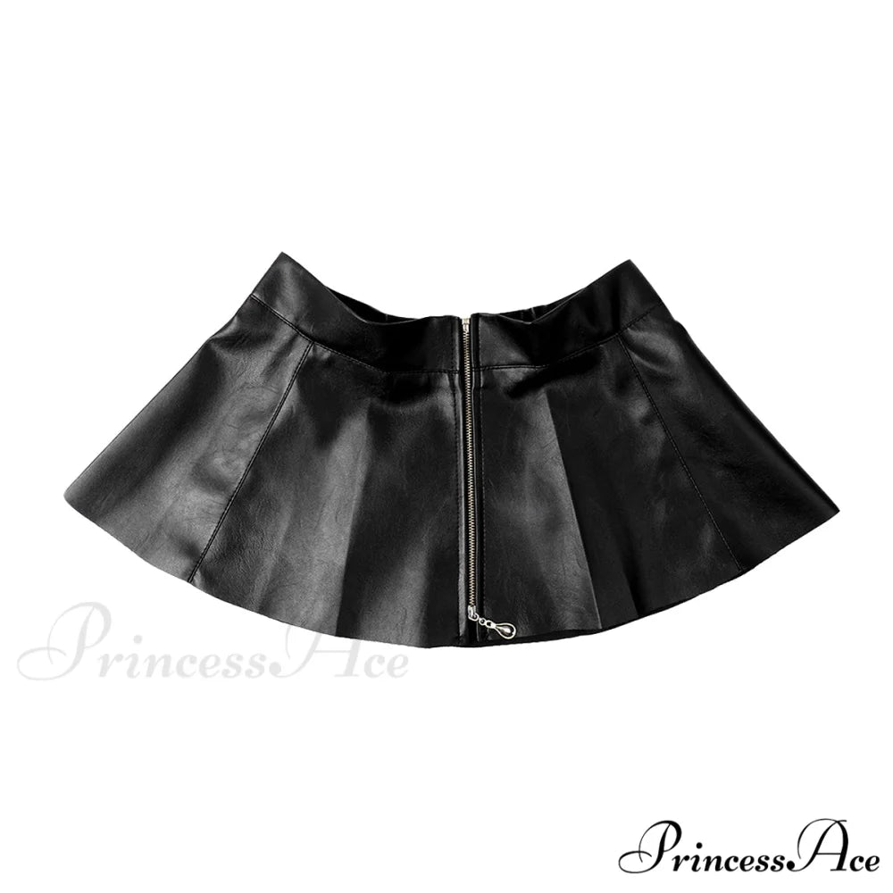 Leather Front Zipper Pleated Mini Skirt
