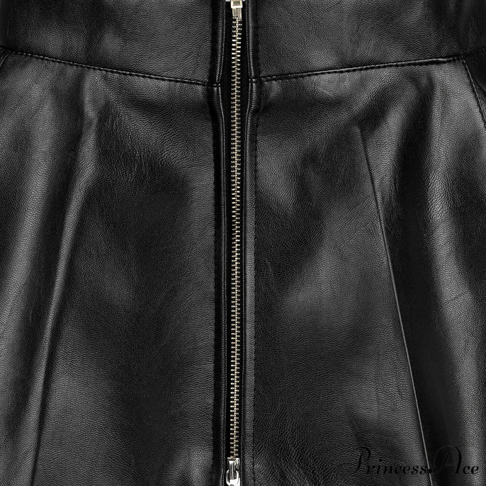 Leather Front Zipper Pleated Mini Skirt