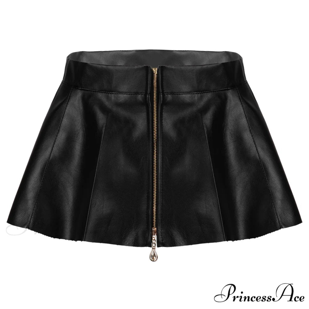 Leather Front Zipper Pleated Mini Skirt Black 1 / XS