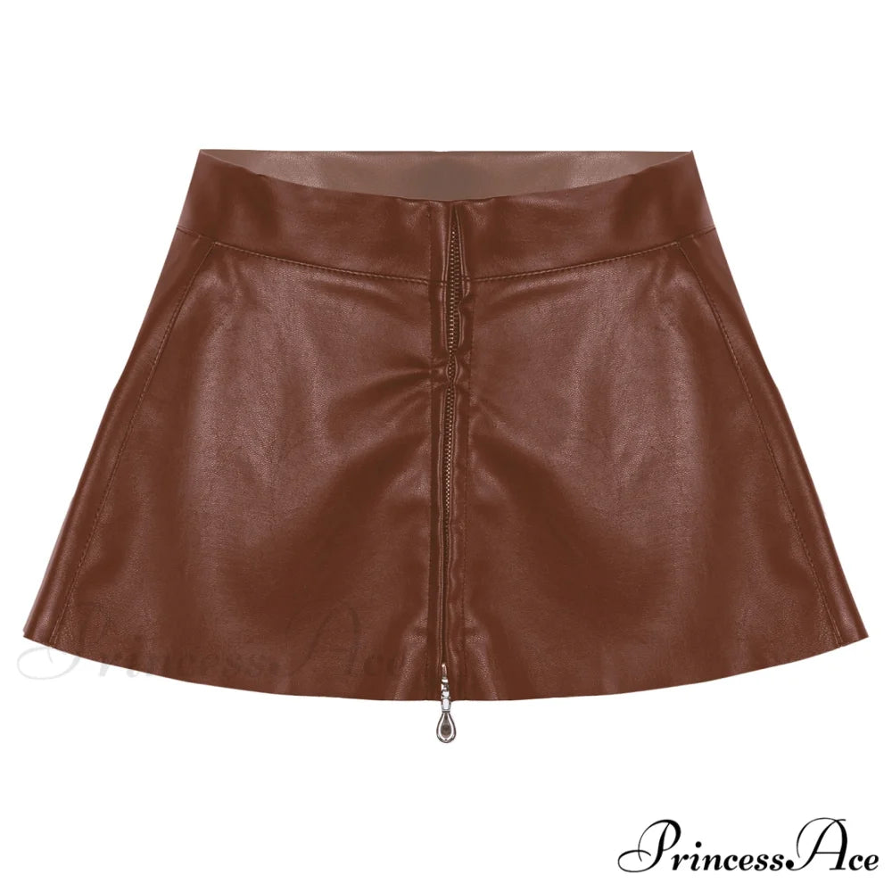 Leather Front Zipper Pleated Mini Skirt Brown / XS