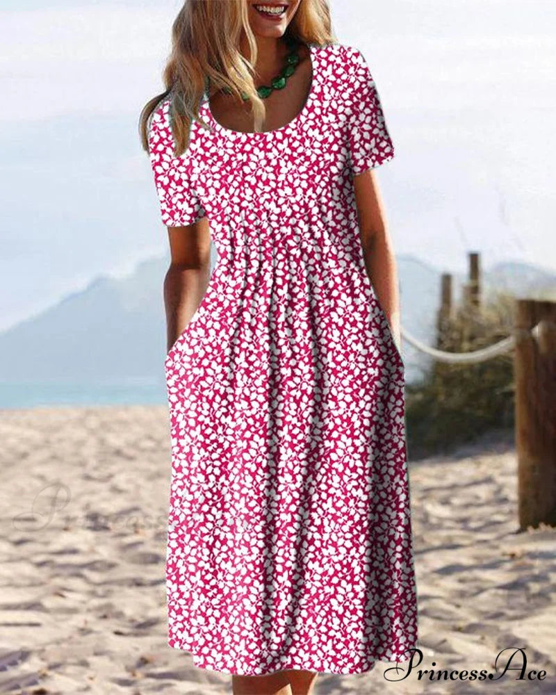 Leaves Print Short Sleeve Dress