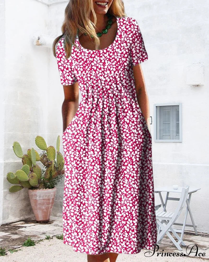 Leaves Print Short Sleeve Dress