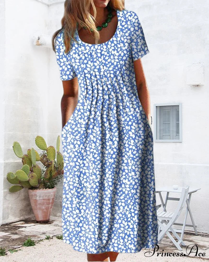 Leaves Print Short Sleeve Dress