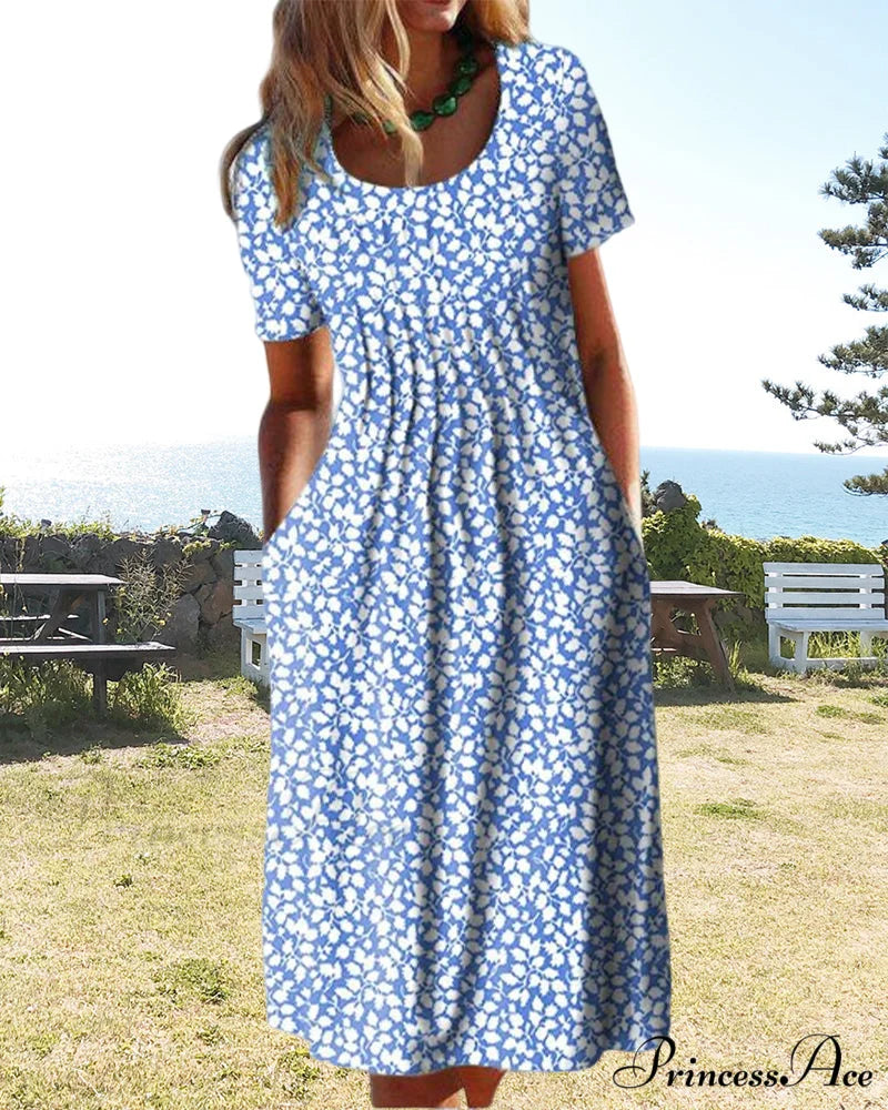 Leaves Print Short Sleeve Dress Blue / S
