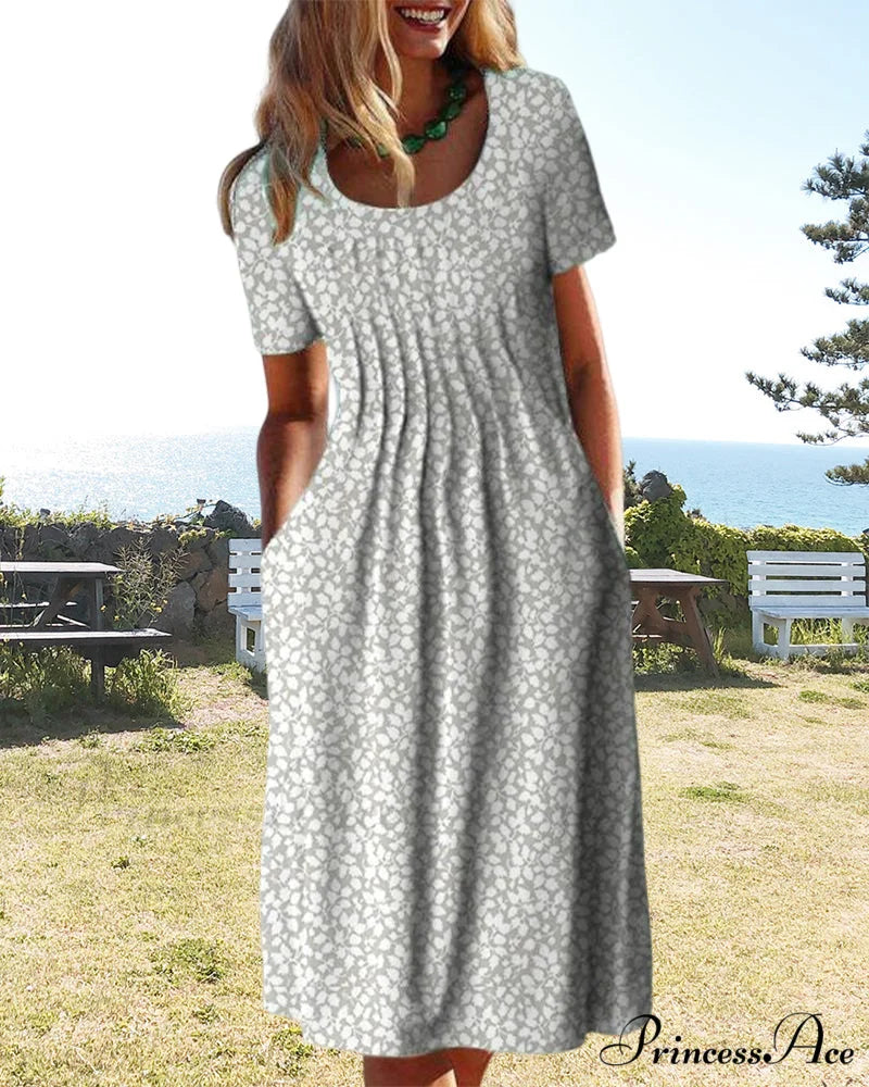 Leaves Print Short Sleeve Dress Gray / S