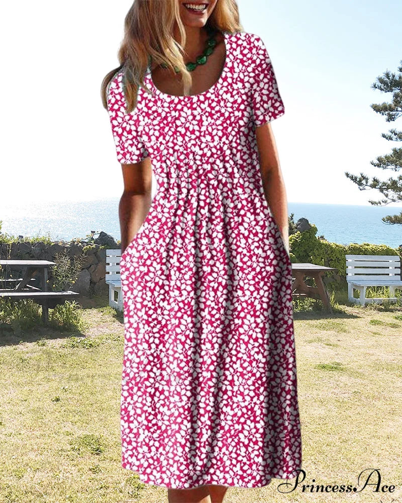 Leaves Print Short Sleeve Dress Red / S