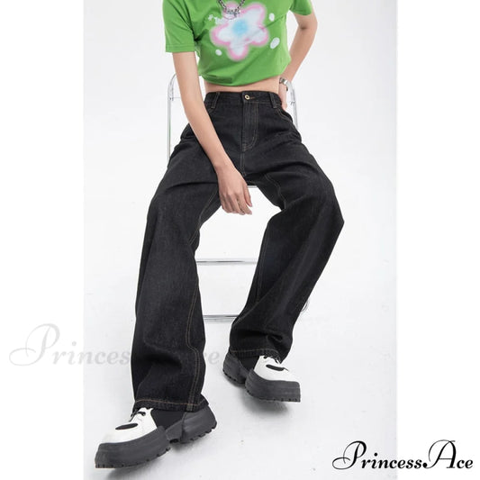 Leg High for Vintage Black Jean Straight Pants Trouser Wide Waist Denim - Women Black / XS