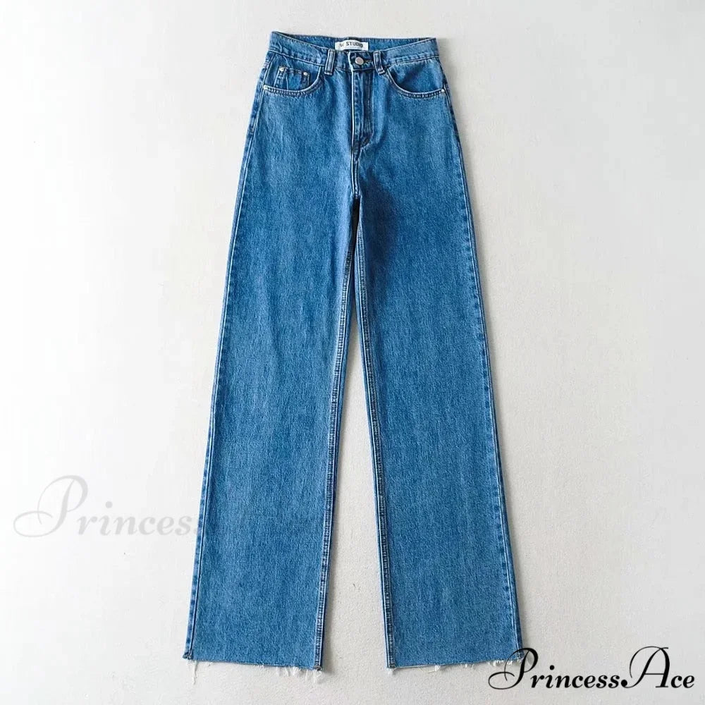 Leg Straight Denim Casual Fashion Women’s - Baggy Jeans High Waist Fit dark blue / XS