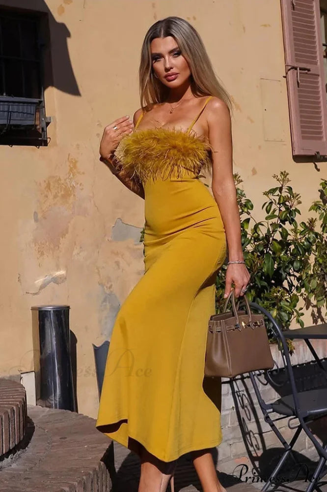 Leighton Yellow Stylish Feather Maxi Dress