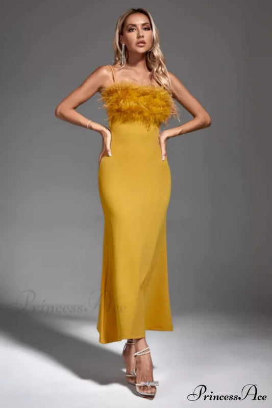 Leighton Yellow Stylish Feather Maxi Dress S / Yellow