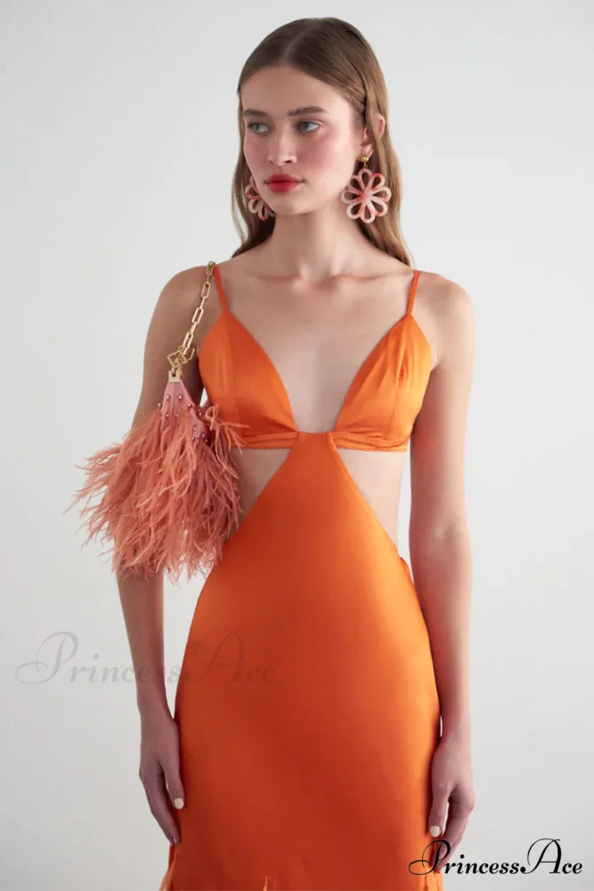 Lena Satin Cutout Trendy Ostrich Feather Maxi Dress