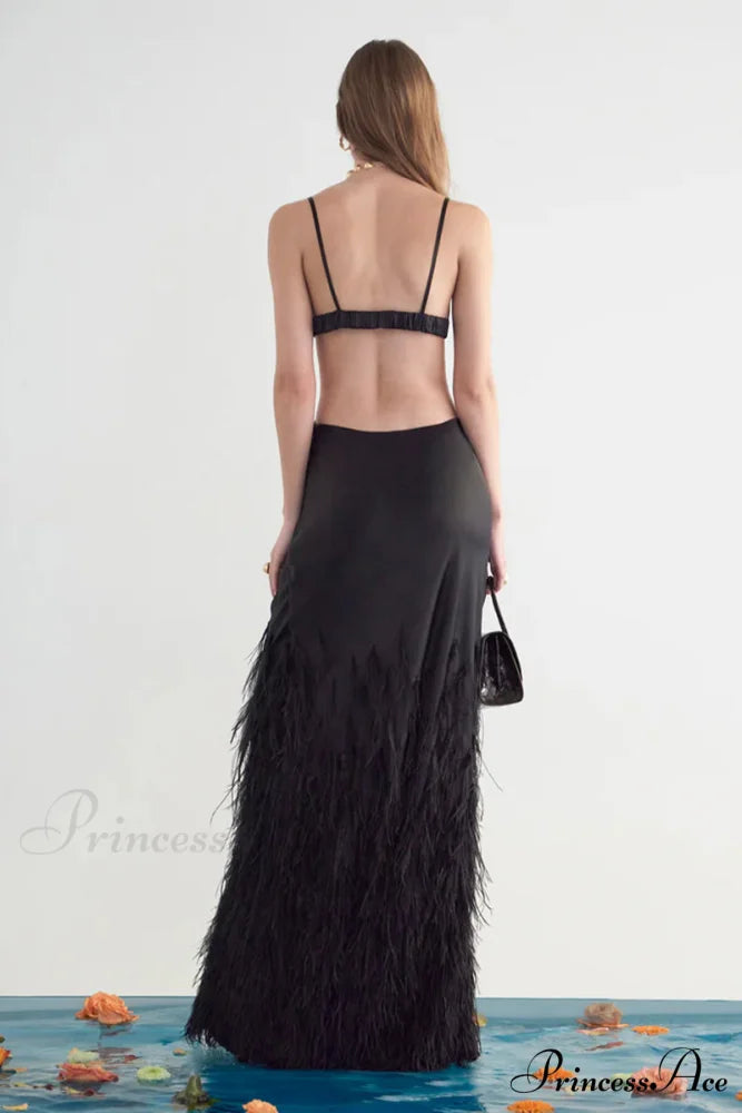 Lena Satin Cutout Trendy Ostrich Feather Maxi Dress