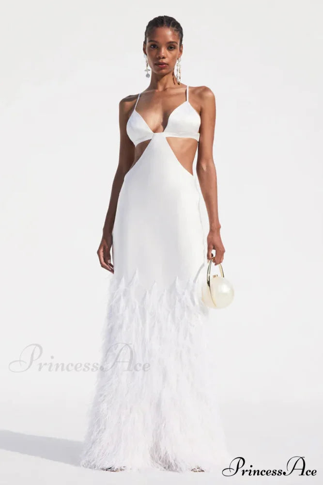 Lena Satin Cutout Trendy Ostrich Feather Maxi Dress