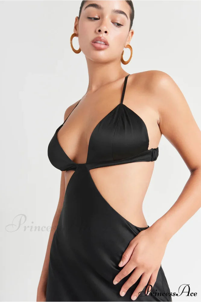 Lena Satin Cutout Trendy Ostrich Feather Maxi Dress