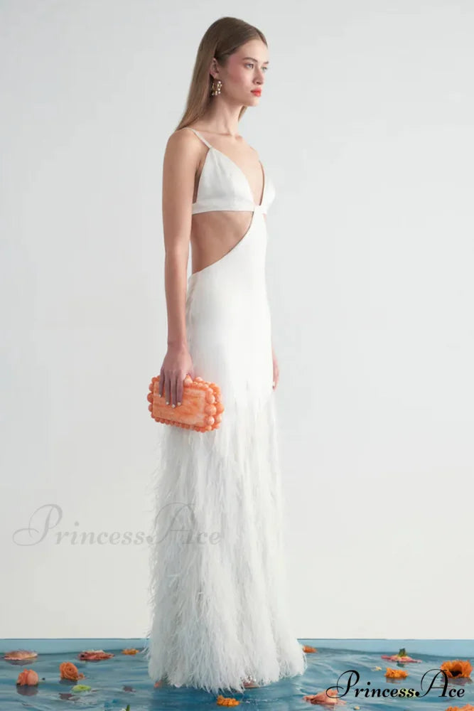 Lena Satin Cutout Trendy Ostrich Feather Maxi Dress