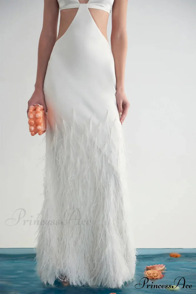 Lena Satin Cutout Trendy Ostrich Feather Maxi Dress