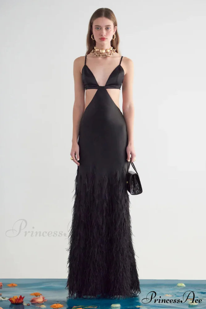 Lena Satin Cutout Trendy Ostrich Feather Maxi Dress Black / 2