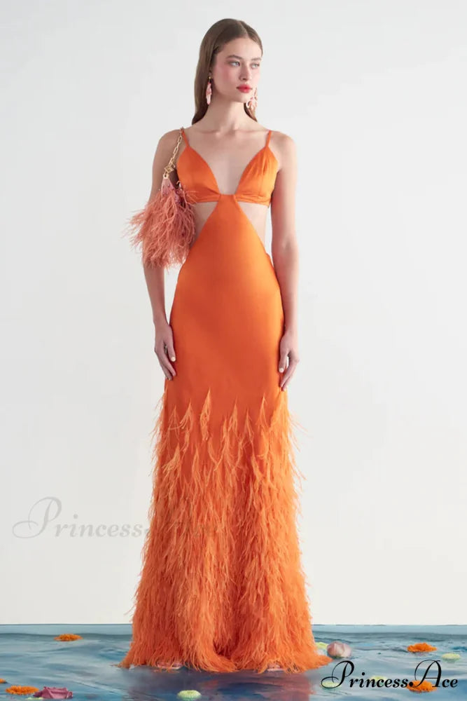 Lena Satin Cutout Trendy Ostrich Feather Maxi Dress Orange / 2