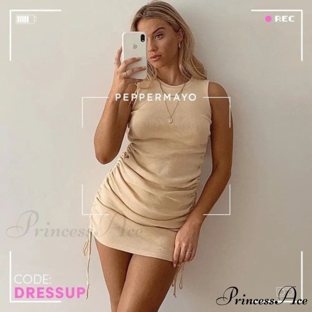 Length Vestidos Sexy Party O-Neck Dress Khaki / M