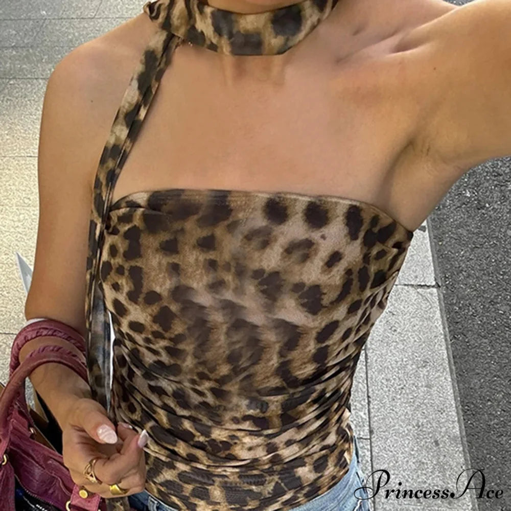 Leopand Gathered Scarf Crop Top Brown / S croptop-250223