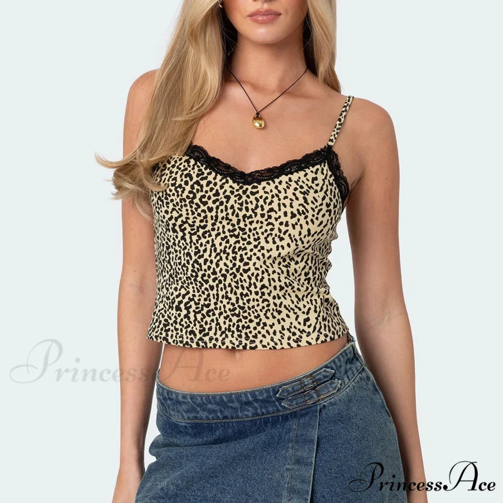 Leopand Lace Trim Short Top brown / S croptop-250223