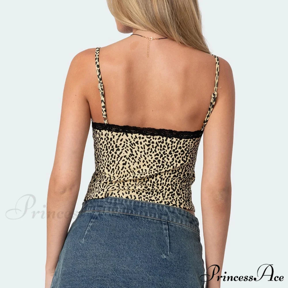 Leopand Lace Trim Short Top croptop-250223