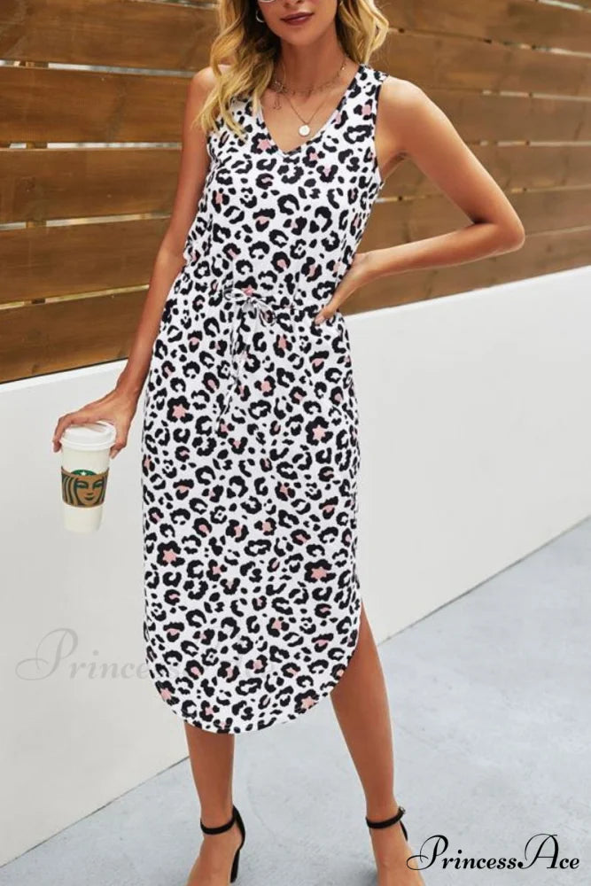 Leopard 3/4 Sleeves Shift Modern Above Knee Casual/Vacation Tunic Dresses white / S