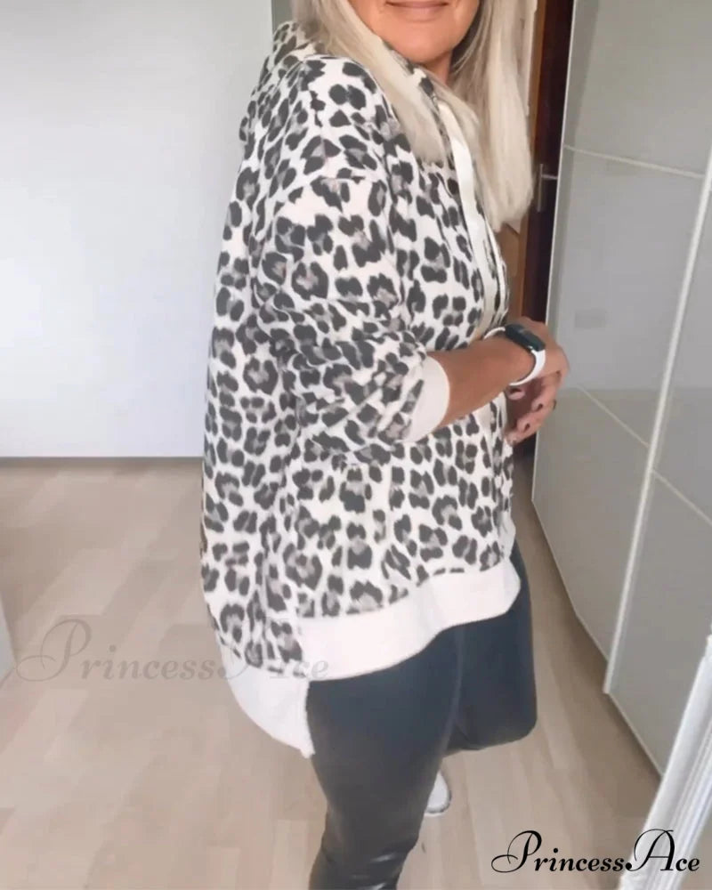 Leopard Drawstring Hoodie - Hoodie