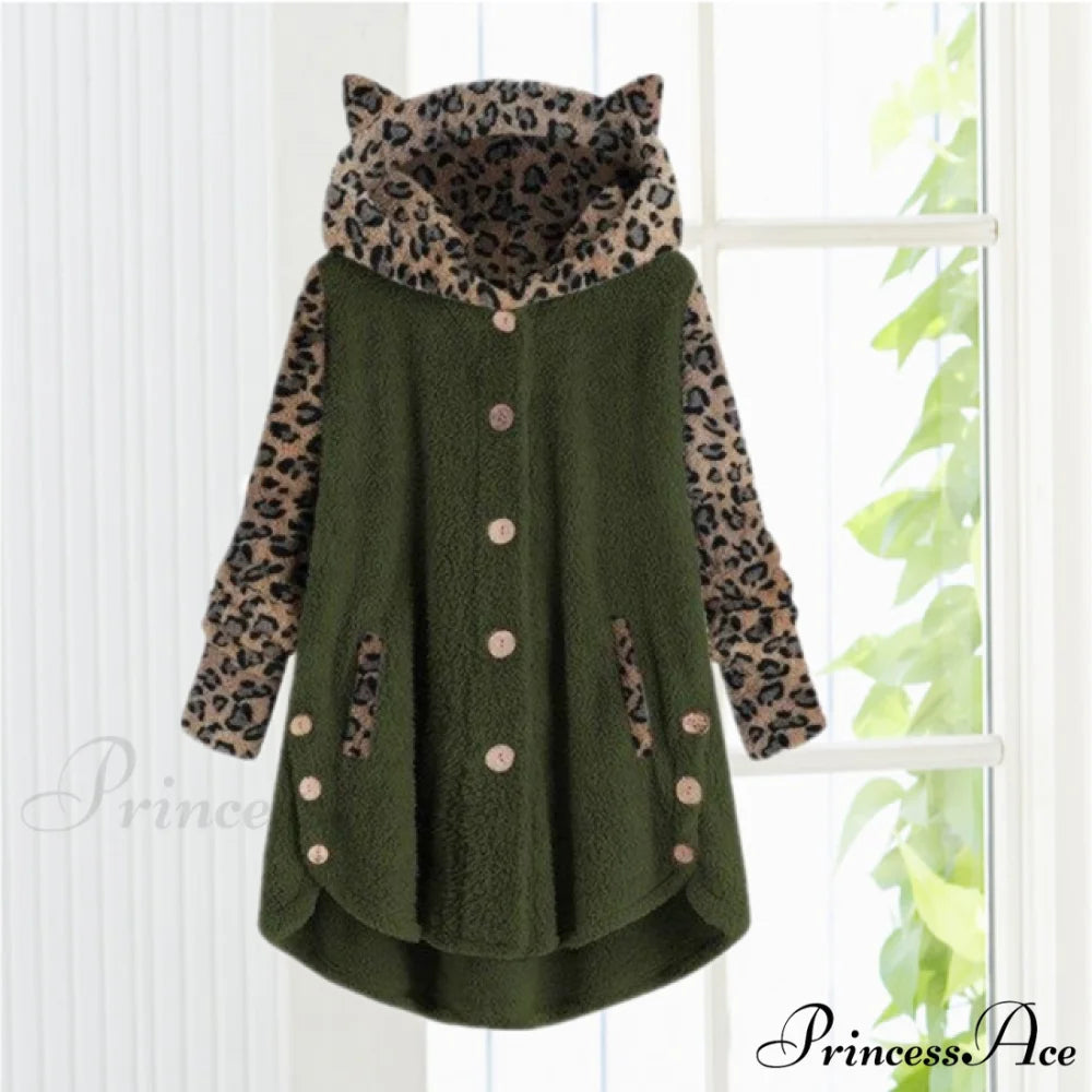 Leopard Patchwork Cat Ears Coat Army Green / S