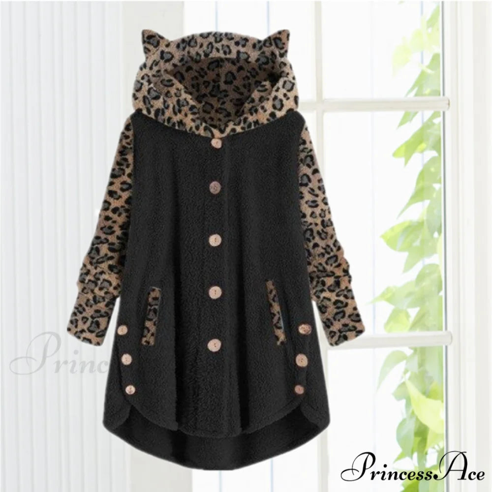 Leopard Patchwork Cat Ears Coat Black / S