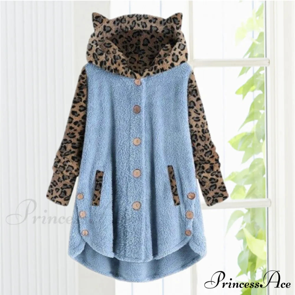Leopard Patchwork Cat Ears Coat Blue / S