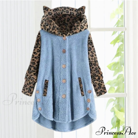 Leopard Patchwork Cat Ears Coat Blue / S