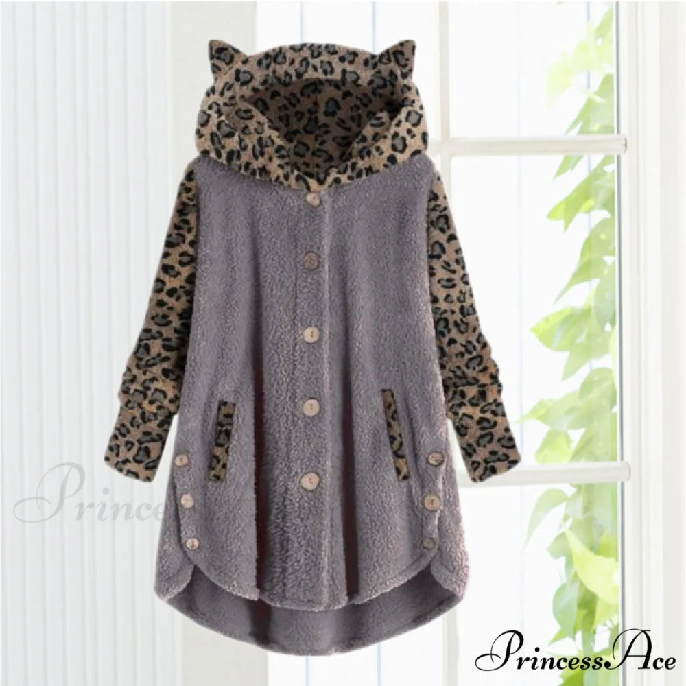 Leopard Patchwork Cat Ears Coat Dark Gray / S