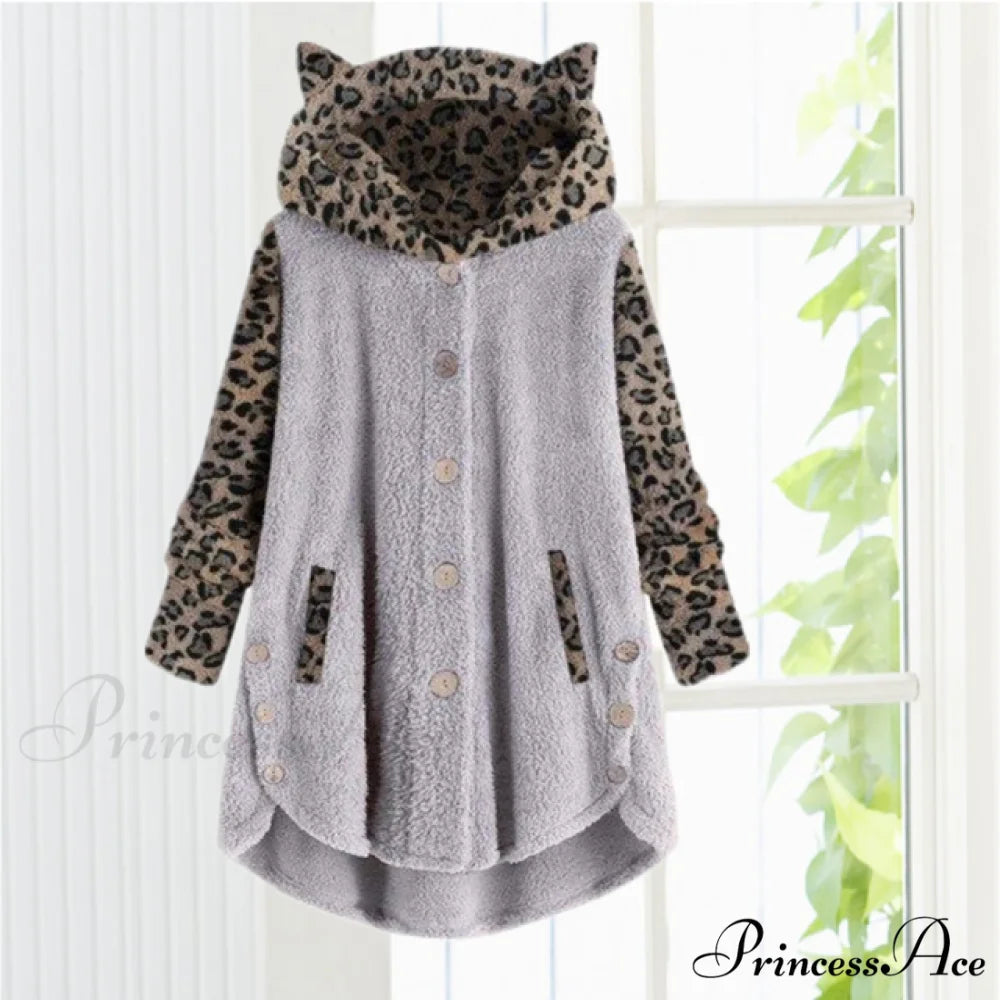 Leopard Patchwork Cat Ears Coat Gray / S