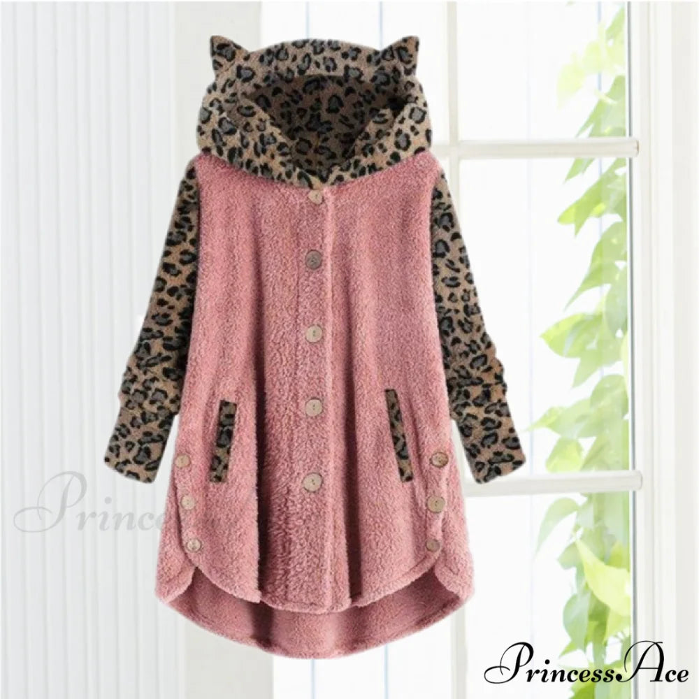 Leopard Patchwork Cat Ears Coat Pink / S