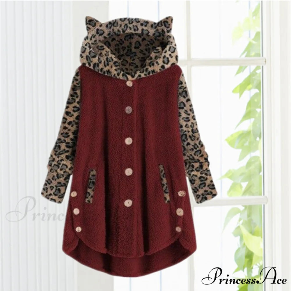 Leopard Patchwork Cat Ears Coat Wine Red / S