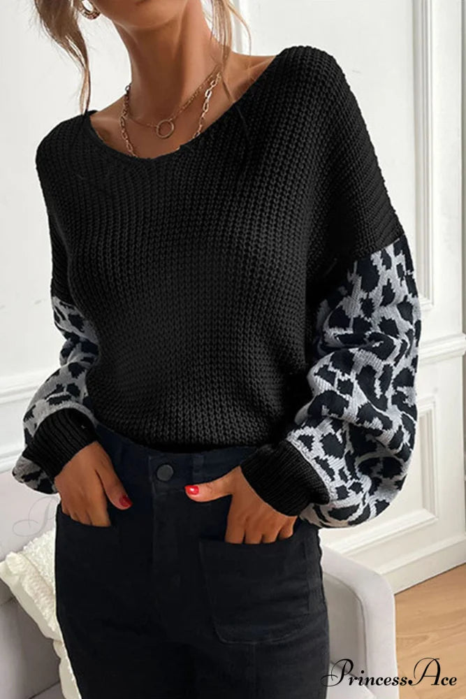 Leopard Patchwork Pullover Sweater Black / M