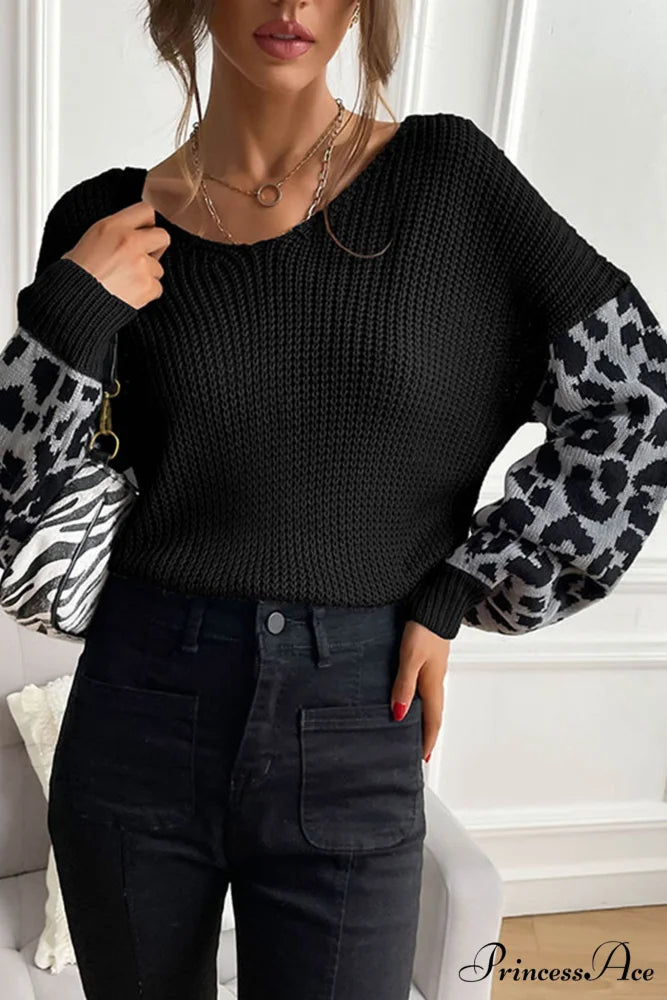 Leopard Patchwork Pullover Sweater Black / S