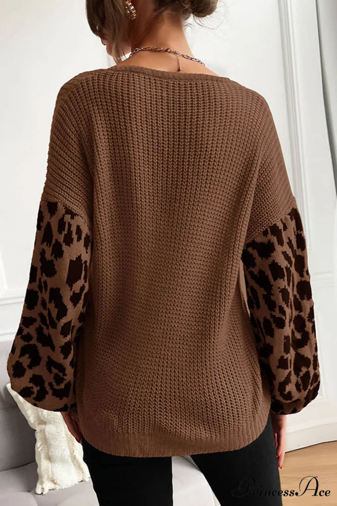 Leopard Patchwork Pullover Sweater Coffee / L
