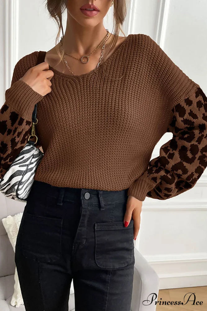 Leopard Patchwork Pullover Sweater Coffee / M