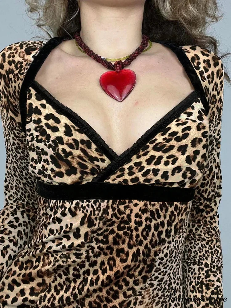 Leopard Patchwork Sleek Square Collar Extended Sleeve Knit Top knittop-250126