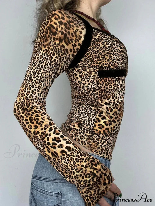 Leopard Patchwork Sleek Square Collar Extended Sleeve Knit Top knittop-250126