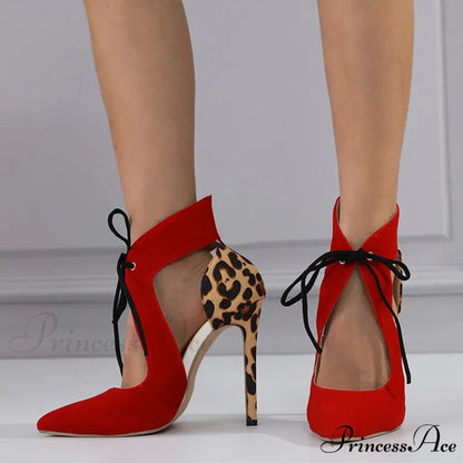 Leopard Print Cross-Tied High Heel Sandals - Pointed Toe Wedding Shoes